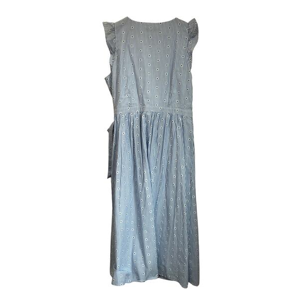 LOFT Wrap Midi Dress L Blue Eyelet 100% Cotton Ruffle Sleeves Summer Sundress - Picture 3 of 9